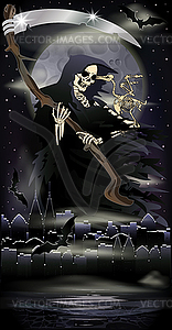 Мрачный жнец с вороной в городе, полнолуние на Хэллоуин  - изображение в векторе / векторный клипарт