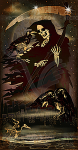 Grim Reaper and crow skeleton in night city, halloween  - vector image