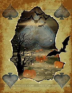 Halloween poker spades card, pumpkin and full moony - vector image