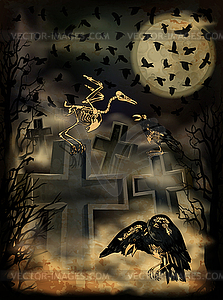Стая ворон на ночном кладбище, векторная открытка на Хэллоуин - векторное изображение EPS