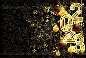 Golden New 2023 year banner with xmas balls, vector ill - vector clipart