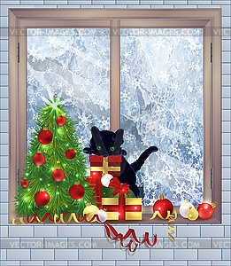 Merry Christmas winter window with xmas tree, gifts and - vector clipart