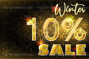 Winter Sale 10% golden card with xmas snow, vector illu - vector image