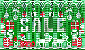 Winter Sale knitted banner with xmas gifts box, santa c - vector image