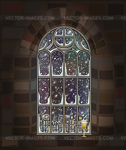 Merry Christmas winter gothic window with champagne, ci - stock vector clipart