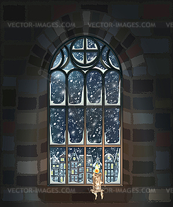 Merry Christmas gothic window with candle, city backgro - vector clip art