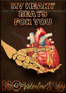 Skeleton hand holding a heart, Anti Valentines day card - vector image