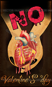 No Valentines day card, hands holding heart with blood. - vector image