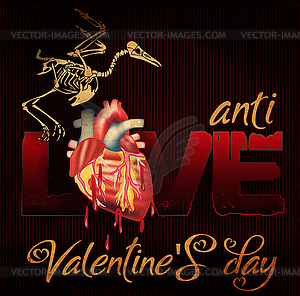 No Love, Anti Valentines day card, raven skeleton and h - vector clipart