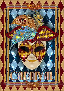 Маска венецианского карнавала, поздравительный баннер в стиле ар-деко - векторная иллюстрация