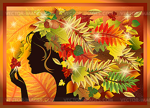 Autumn time greeting card with young girl and leaves ,  - vector clipart