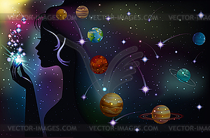Birth of a star, Galaxy gril and planets, vector illust - vector clip art