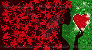 Poker hearts young girl, greeting card, vector illustra - vector clipart