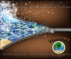 Travel Time greeting card with zipper and sea wave - vector clipart / vector image