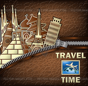 Travel Time vip card with zipper and city monuments, ve - vector clipart