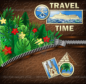 Travel Time vip card with zipper and tropical flowers,  - vector EPS clipart