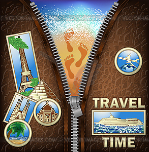 Travel Time invitation card with zipper and sand footpr - vector image