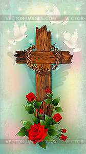 Christian wooden cross  wreath of thorns, white doves - vector image