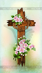 Old Christian wooden cross with cherry blossoms. vector - royalty-free vector image