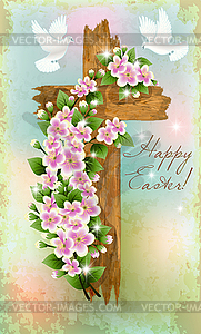 Christian wooden cross with a white doves and cherry bl - vector clip art