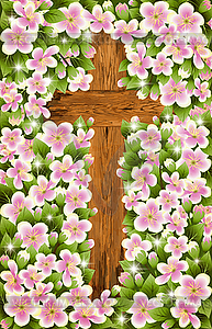 Christian old wooden cross with cherry blossoms. vector - vector image