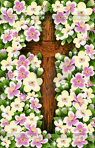 Happy Easter Christian wooden cross with cherry blossom - vector image