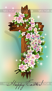 Поздравительная пасхальная открытка. Христианский старый деревянный крест с шер - изображение в векторе / векторный клипарт