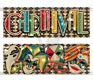 Пригласительные баннеры с венецианскими масками на карнавал в стиле ар-деко - векторизованное изображение клипарта