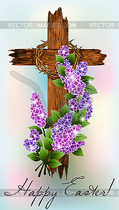 Пасхальный христианский деревянный крест с цветами сирени. векто - векторное изображение
