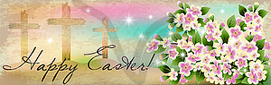 Happy Easter banner. Christian cross with flowers. vect - vector image