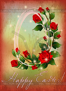 Happy Easter card, holy egg with rose flowers, vector  - vector image