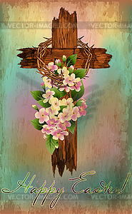 Happy Easter. Christian wooden cross with cherry blosso - vector image