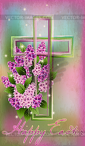 Happy Easter. Christian cross with flowers lilac. vecto - vector image