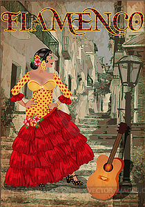 Spanish Flamenco dancer girl with guitar, city backgrou - vector image