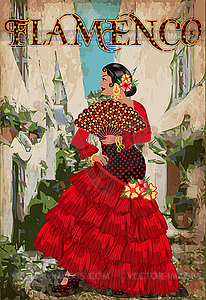 Spanish Flamenco dancer girl with fan , city background - vector clipart