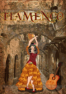 Flamenco dancer girl with guitar, sspanish street backg - vector image