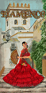 Spanish flamenco dancer  young girl with fan, vector il - vector clip art