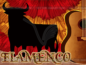 Flamenco greeting banner with guitar and spanish bull,  - vector clipart