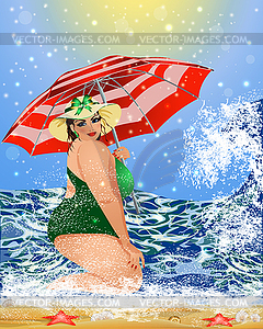 Женщина больших размеров с зонтиком на летнем пляже, vecto - изображение векторного клипарта