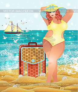 Красивая толстая женщина с чемоданом, летняя туристическая карточка - векторный клипарт EPS