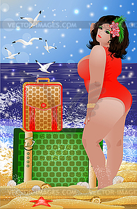 Travel cute fat woman in bikini with suitcases, vector  - vector clipart