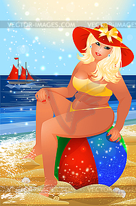 Женщина плюс размер с мячом на летнем пляже, вектор i - клипарт в векторе / векторное изображение
