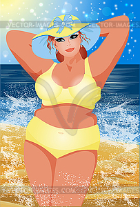 Plus size sexual woman in bikini on the summer beach, v - vector clipart