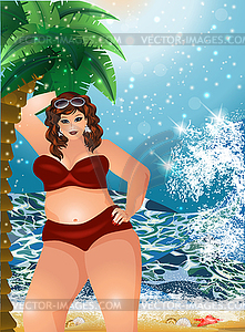 Plus size sexual woman with palm tree on the summer bea - vector clip art