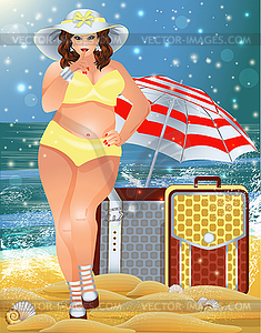 Путешествующая женщина больших размеров в бикини с чемоданами, лето - клипарт в векторе / векторное изображение