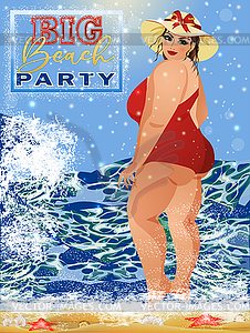 Summer big beach party. Plus size sexual woman in bikin - vector image