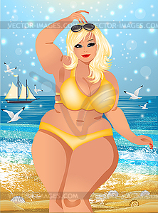 Открытка для летней вечеринки. Сексуальная блондинка больших размеров в бикини - векторизованное изображение
