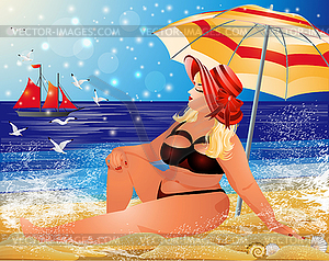 Открытка для летней вечеринки, женщина больших размеров на тропическом пляже - изображение в векторном формате