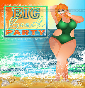 Большая поздравительная открытка для пляжной вечеринки. Женщина больших размеров с солнцем - векторный клипарт
