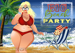 Big Beach Party vip card. Plus size blonde woman with s - vector clip art